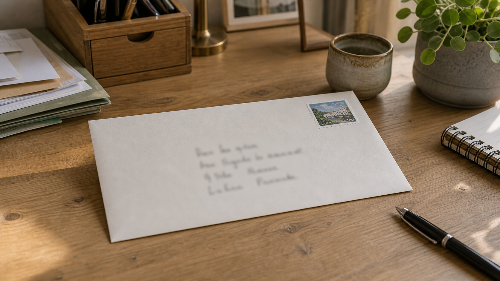 Enveloppe manuscrite avec nom, adresse complète et timbre visible