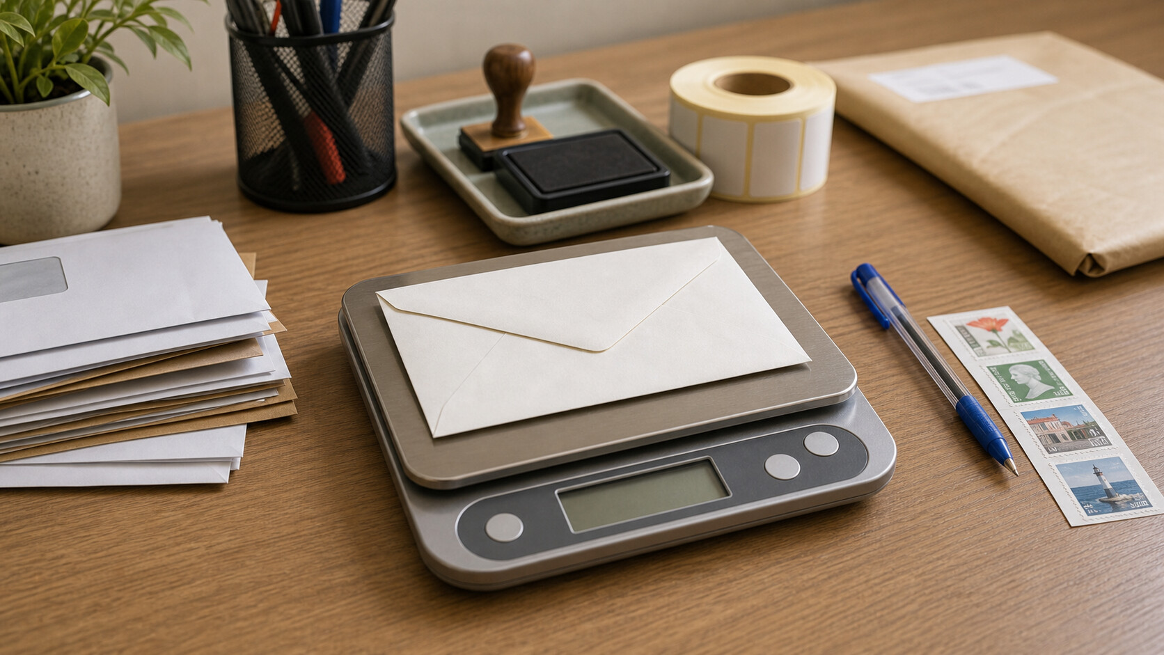 Enveloppe fermée posée sur une petite balance de bureau